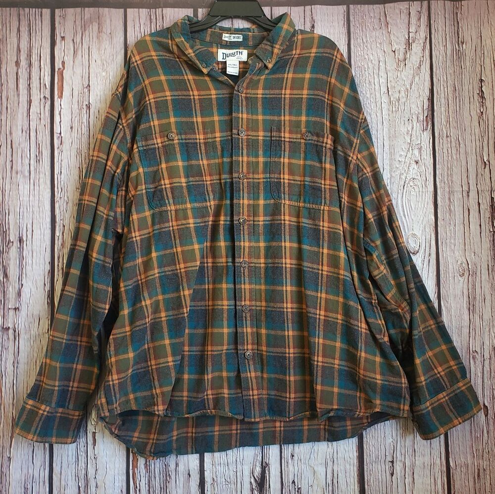Duluth XXL Tall Untucked Regular Fit Flanel Button Shirt Plaid Double Pocket Men